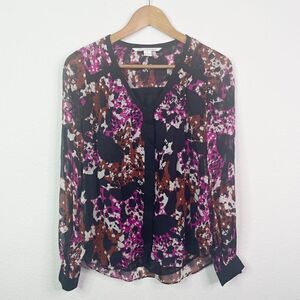 Diane Von Furstenberg Silk Multicolor Lane Print Chiffon Top Size 2